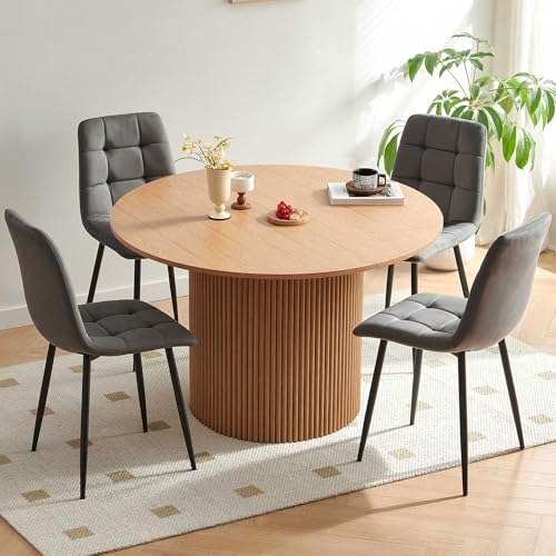 Homedot Kitchen&Dining Room Table Set for 4, 47-Inch Round Breakfast Nook Table with Chairs Set, Modern Circle Dining Set, Oak Dinner Table with Grey Velvet Kitchen Reception Dining Chairs - color: Grey, size: 1* Oak Color Table+4*Chair