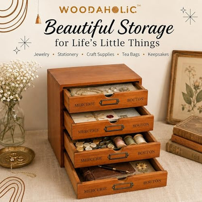 Modular Stackable Apothecary Cabinet 4 Drawer Desk Organizer - Retro Library Card Catalog Wood Storage Box - Organize Stationery, Thread Embroidery, Sewing, Crafts, Junk Drawer & Supplies Countertop - size: 4 Drawer