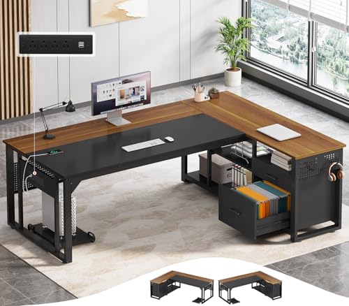 UPOSOJA 71" L Shaped Executive Desk, Office Desk with Storage Drawers - color: Walnut, size: 2 Drawers