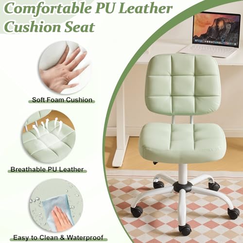 VINGLI Compact Small Desk Chair, Cute Armless Chair with Wheels, Vanity Chair with Low Back, Height Adjustable Task Chair for Small Spaces, Office, Bedroom, Make Up Room, PU Leather, Mint Green - color: Mint Green