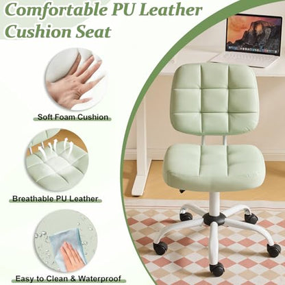 VINGLI Compact Small Desk Chair, Cute Armless Chair with Wheels, Vanity Chair with Low Back, Height Adjustable Task Chair for Small Spaces, Office, Bedroom, Make Up Room, PU Leather, Mint Green - color: Mint Green