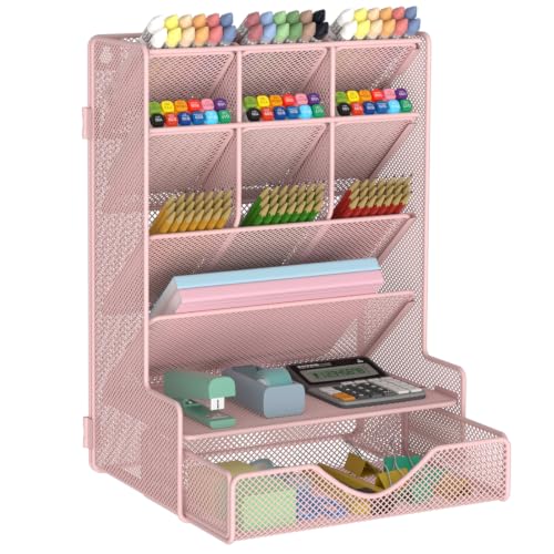 BOHDK Pen Organizer for Desk, Multi-Functional Desk Organizer, Wall Mount Pen Holder with Drawer for School, Office, Home, Art Supplies, Pink - color: Pink
