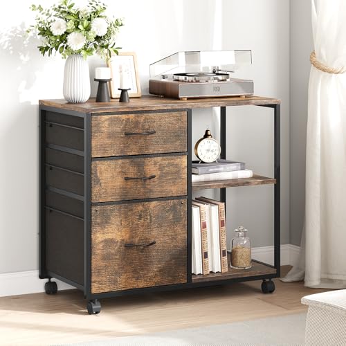 VINGLI 3 Drawer File Cabinet with Wheels Under Desk Printer Stand, Rolling File Cabinet with Shelves Adjustable, Mobile Lateral Filing Cabinet for Home Office, Fits Letter Size, Rustic Brown - color: Rustic Brown, size: Lateral 3 Drawers