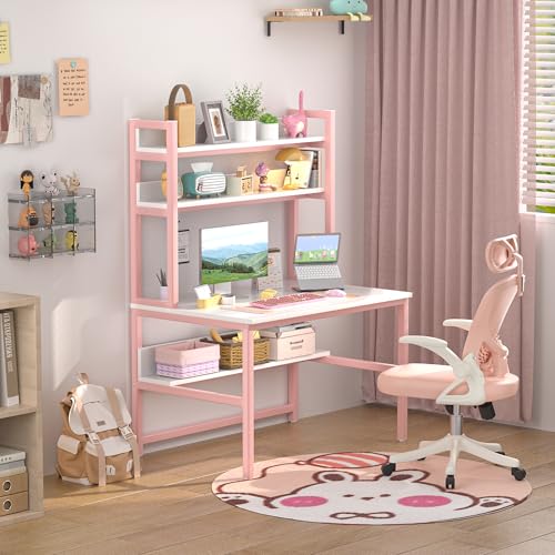 Aquzee Pink Desk with Shelves, Computer Desk with Hutch, 47 Inch - color: Pink, size: 47inch