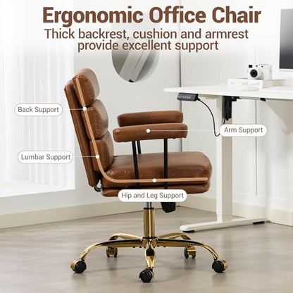 Leather Office Chair with Wheels,Ergonomic Swivel Rolling Task Chair,Padded Seat and Armrests,Adjustable Height Home Desk Chair,Executive Computer Chair, Gold Base Makeup Vanity Chair,Light Brown - color: Brown