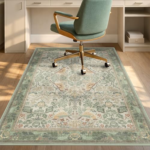 Vintage Farmhouse Office Chair Mat for Hard Wood Floors, Anti-Slip Floral Bird Floor Protector for Heavy Duty Computer Chair, 48"x60" Low Pile Under Desk Rug, Sage Nature Botanical Indoor Décor - color: Bird - Sage Green, size: 4' x 5'