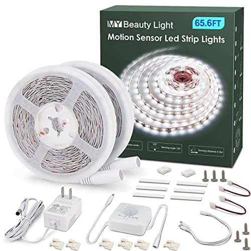 MY BEAUTY LIGHT Motion Activated LED Strip Lights, 65.6ft LED Light Strip with Day or Night 2 Lighting Modes,3 Timing Off Modes,Bright White 24v Plug-in LED Rope Lights for Under Cabinet,Kitchen,Room - color: White, size: 65.6FT