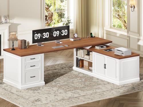 SEDETA Farmhouse L Shaped Desk with Drawers, 70.9" Home Office Desk with Storage Cabinet and Storage Shelves, L Shaped Computer Desk with Power Outlet，White+Brown - color: White+brown, size: 70.9" L Shaped Desk