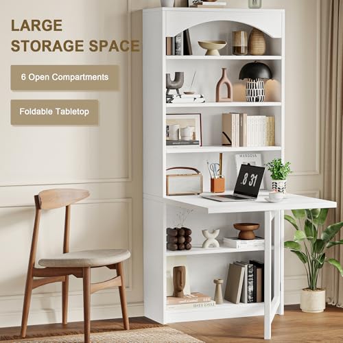 Einhomn Folding Desk with Storage, Space-Saving Foldable Convertible Writing Table, Wall Mount Fold Out Computer Desk for Home Office, Craft Room, Living Room, Bedroom, White - color: White
