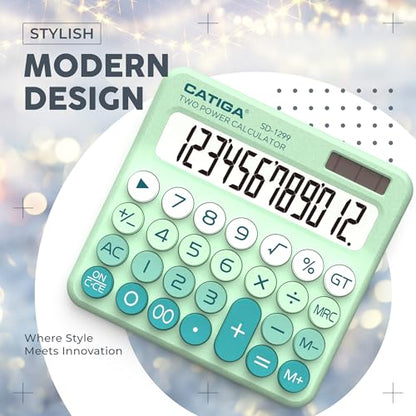 CATIGA Mechanical Switch Calculator with Solar and Battery Dual Power, 12-Digit Large LCD Display, Aesthetic and Cute Desktop Calculator with Big Button, for Home, School and Office Use, SD-1299 - color: Z) Mint Green