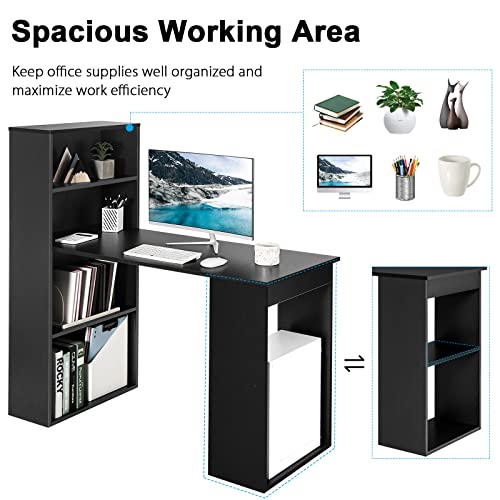 Tangkula Computer Desk with Bookshelf, Writing Study Desk with Storage Shelves & CPU Stand, Modern Compact Computer Workstation for Home & Office, Space-Saving Design (Black) | Bookcase Desk w/Bookshelf Storage Shelves & CPU Stand, Space-Saving Design Mod