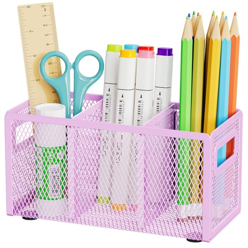 Marbrasse Mesh Pen Holder for Desk, Pencil Holder Desk Organizer 3 Adjustable Compartments, Pencil Cup with Handle Perfect for Classroom, Office, Home, Makeup, Art (Purple) - color: Purple