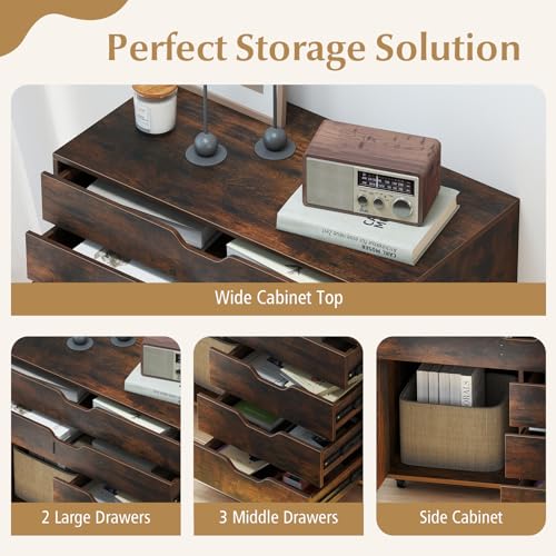 MAT EXPERT 5-Drawer Mobile File Cabinet w/Door, Lateral Filing Cabinet w/5 Universal Wheels, Rolling File Cabinets with Storage, Modern Wood Printer Stand for Home Office, Living Room (Rustic Brown) - color: Rustic Brown