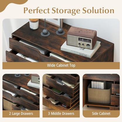 MAT EXPERT 5-Drawer Mobile File Cabinet w/Door, Lateral Filing Cabinet w/5 Universal Wheels, Rolling File Cabinets with Storage, Modern Wood Printer Stand for Home Office, Living Room (Rustic Brown) - color: Rustic Brown