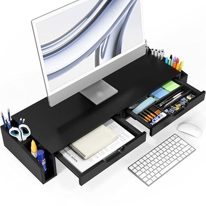 Simple Houseware Desk Dual Monitor Stand Riser with 2 Drawers, Black - color: Black