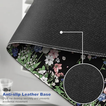 DINKY Leather Desk Protector Mouse Pad, Large Keyboard Mat, Non-Slip PVC Leather Blotter, Black Laptop Pad, Waterproof Writing Pad for Office Home 35.4" x 15.7", Flower Rain - color: Black Flower Rain