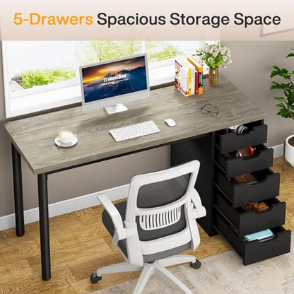 Tribesigns Computer Desk with 5 Drawers, 47 inches Rustic Brown Home Office Desk with Storage, Modern Simple Laptop Desk Study Writing Table for Small Spaces (1, Grey+Black) - color: Grey+black