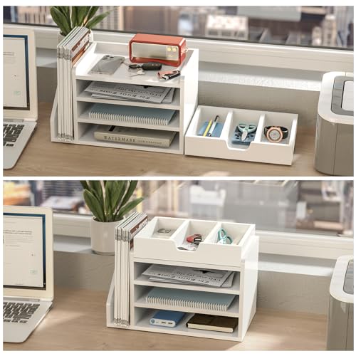 Multi-Tier Wood Desk File Organizer with Side File Rack, 3 Tray Shelves & Adjustable Drawer - Space-Efficient Design Easy to Assemble for Efficient Office Setup, Reduces Desk Clutter (White) - color: White
