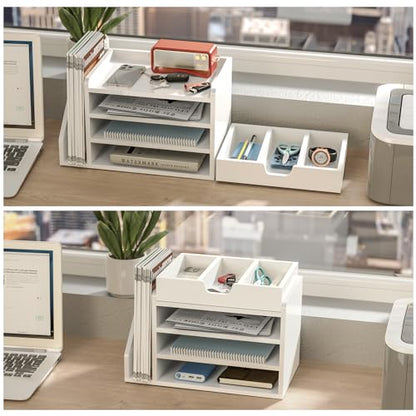 Multi-Tier Wood Desk File Organizer with Side File Rack, 3 Tray Shelves & Adjustable Drawer - Space-Efficient Design Easy to Assemble for Efficient Office Setup, Reduces Desk Clutter (White) - color: White