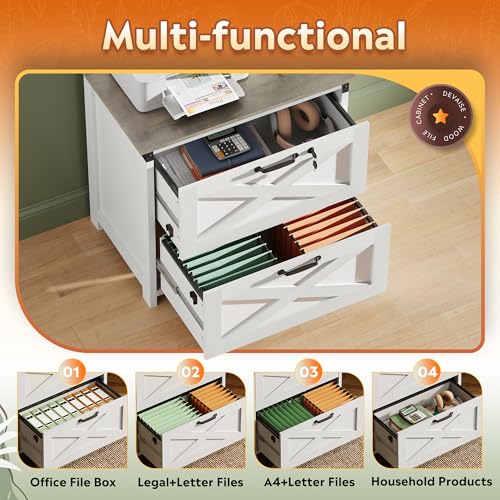 DEVAISE 2-Drawer Lateral File Cabinet with Lock, White | Wood, Office Storage Cabinet, Letter, Legal & A4 Compatible, Farmhouse Style, Printer Stand, Home Office - color: White