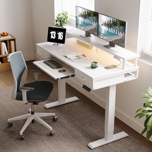 AODK 55 Inch Electric Standing Desk with Drawers & Keyboard Tray, White - color: White, size: 55 Inch
