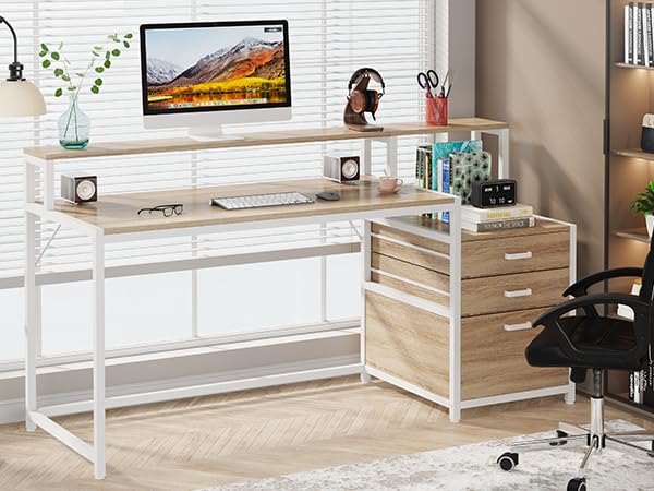 Tribesigns 63 Inch Computer Desk with File Drawer Cabinet, Home Office Desk - color: Walnut