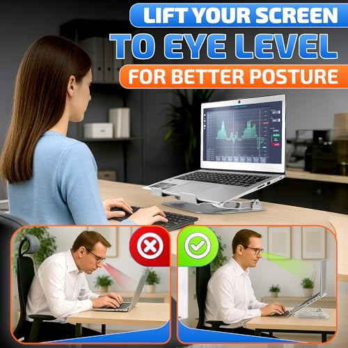 V TOWER Aluminium Laptop Stand for Desk with Adjustable Height and Angle | Adjustable Laptop Stands with Ventilation Slots, Anti-Slip Silicone Pads, Foldable Frame, for Devices from 10 up to 17.3 in