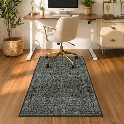 JTJ Office Chair Mat for Hardwood & Tile Floors, Vintage Floral Under Desk Rug, Non-Slip Low-Pile Floor Protector for Rolling Office Chair, Machine Washable, 30" x 48" Dark Green - color: Forest - Dark Green, size: 2'6'' x 4'