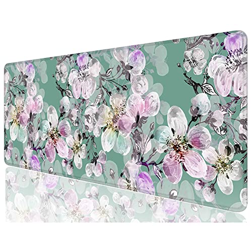 Desk Mat, 32" x 12" XXL Extended Large Gaming Mouse Pad, Desktop Decor Desk Pad, Cute Men Women Office Supplies and Accessories, XL Mouse Mat for Laptop & Keyboard, Green Pink Peach Blossom - color: Green Pink Peach Blossom, size: 32L x 12W inches