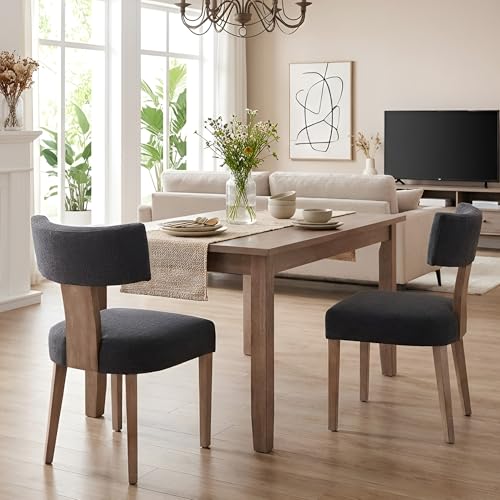 HNY Mid Century Modern Dining Chairs, Linen Fabric Upholstered and Curved Backrest Kitchen Chairs Set of 2, with Hardwood Frame, Charcoal - color: Charcoal Curved