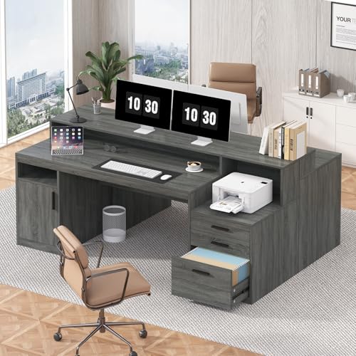 YOMILUVE 65" Computer Desk with 3 Drawers & Printer Shelf for Home Office - color: Dark Gray