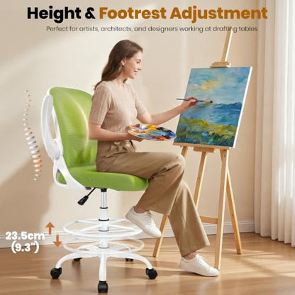 Primy Drafting Chair Tall Office Chair with Flip-up Armrests Executive Ergonomic Computer Standing Desk Chair with Lumbar Support and Adjustable Footrest Ring (Green) - color: Green, size: 934-Z