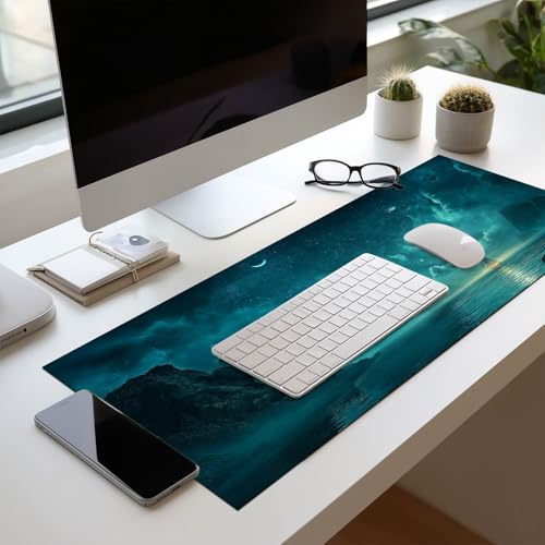 HOMETITUTE Large Mouse Pad 31.5x11.8 Inch Gaming Mousepad Teal Moon Night Seascape Art Non-Slip Keyboard Desktop Protector Mat XL Mouse Pad for Home Office Laptop Wireless Mice Accessories - color: Teal Moon Night Seascape Art