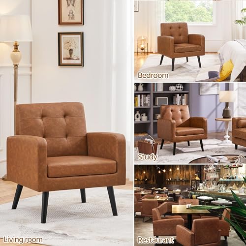 Yaheetech Mid Century Accent Chair Living Room Chair Retro Brown | Faux Leather Upholstered Sillones Para Sala, Modern Reading Nook Chair, Button Tufted Back, Rubberwood Legs, Bedroom Office - color: Retro Brown, size: set of 1