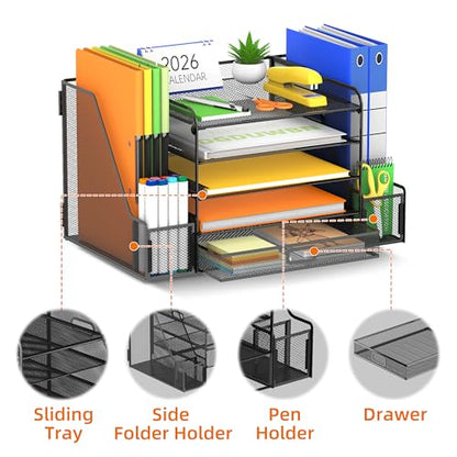 SUPEASY Mesh Desk Organizer with File Holder, 5-Tier Paper Letter Tray Organizer with Magazine Holder, Desktop Organizer and Storage with Drawer for Office Supplies Home or School (Black) | Two side magazine holders and a bottom drawer store papers, folde