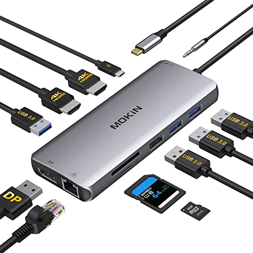 USB C Docking Station Dual Monitor,MOKiN Triple Display USB C Hub with 2 HDMI, DisplayPort, 100W PD, 4*USB,Gigabit Ethernet,SD/TF,Audio Port,USB C Hub Multiport Adapter for HP/Dell/Lenovo/Surface