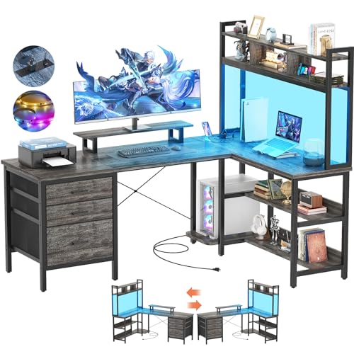 Aheaplus L Shaped Desk with Hutch, Gaming Desk with Led Lights, Reversible Computer Desk with Power Outlet, Corner Desk with File Drawer & Monitor Stand, Storage Shelves for Home Office, Black Oak - color: Black Oak