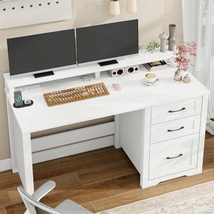Vabches 47" Farmhouse Executive Desk with 3 Drawers and LED Lights, White - color: White, size: 3 Drawers & Monitor Stand