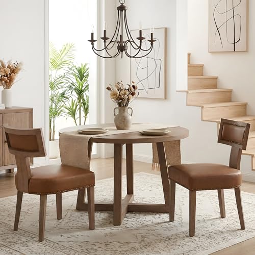 HNY Mid Century Modern Dining Chairs Set of 2, Farmhouse PU Leather Upholstered Accent Chairs Curved Nailhead Trim Backrest Kitchen Chairs, with Hardwood Frame, Brown - color: Brown Nailhead
