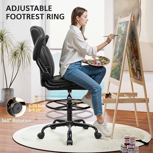 Drafting Chair, Tall Office Chair for Standing Desk, High Executive Leather Ergonomic Computer Chair with Adjustable Height and Flip-Up Armrest for Counter Height Desk, Black, Pack of 1 - color: Black