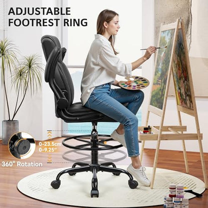Drafting Chair, Tall Office Chair for Standing Desk, High Executive Leather Ergonomic Computer Chair with Adjustable Height and Flip-Up Armrest for Counter Height Desk, Black, Pack of 1 - color: Black