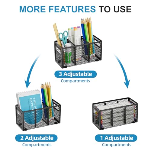 Marbrasse Mesh Pen Holder for Desk, Pencil Holder Desk Organizer 3 Adjustable Compartments, Pencil Cup with Handle Perfect for Classroom, Office, Home, Makeup, Art (Black) - color: Black