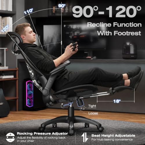 ELABEST X100 Ergonomic Mesh Office Chair with Footrest, Big and Tall Home Desk Chair with 5D Flip-Up Arms, Adjustable 3D Lumbar Support, Gaming & Executive Computer Chair (Night Reaper) - color: Night Reaper