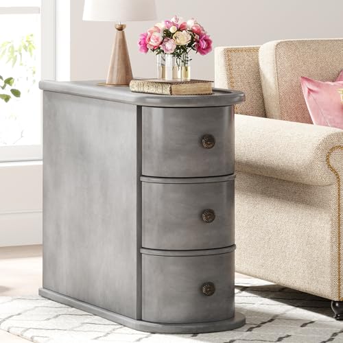 Wood End Table with 3 Drawers, No Assembly Required Narrow Sofa Side Table for Living Room, Vintage Slim Nightstand Bedside Table Bedroom (3 Drawers, Grey, 1Pc) - color: Grey, size: 1Pc, style: 3 Drawers