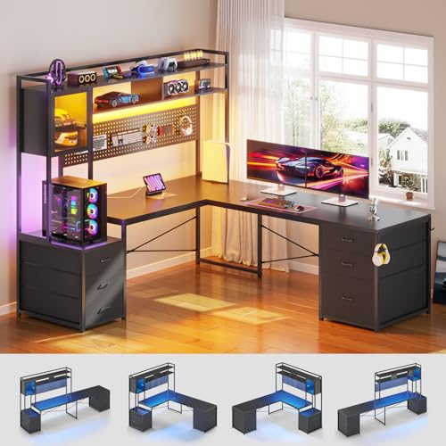 SEDETA Reversible L Shaped Gaming Desk with 6 Drawers, Hutch, Led Lights - color: Black