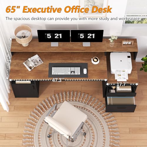 YOMILUVE Computer Desk with 3 Drawers & Storage Shelves, 65 Inch Home Office Desk with File Drawer & Cabinet, Writing Study Desks with Monitor Stand & Printer Shelf, Executive Desk, Brown and Black - color: Brown and Black