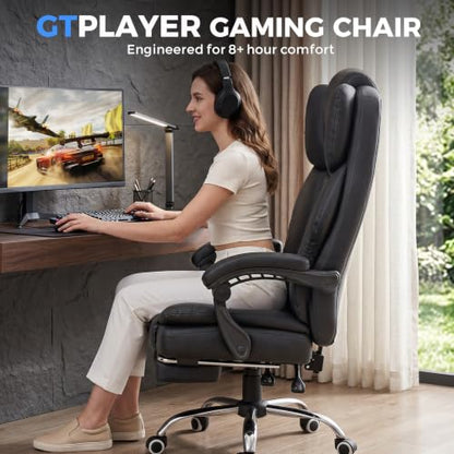 GTPLAYER Executive Office Chair Big and Tall Leather Gaming Chair with Pocket Spring Cushion & Ergonomic Lumbar Support for Lower Back Pain Relief, Comfy Desk Chair with Footrest, Matte-Black - color: Matte-black, Leather