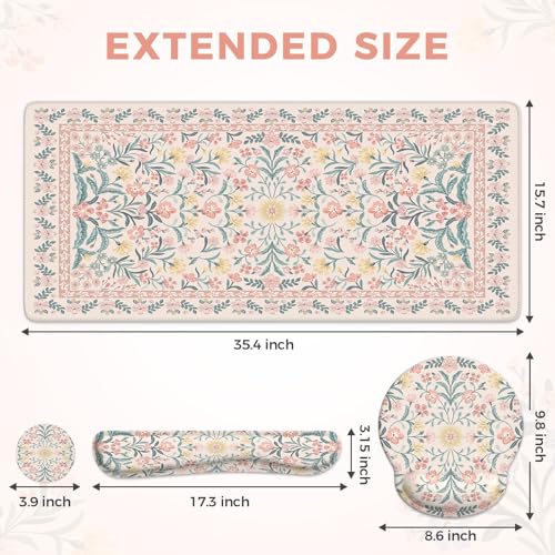 iCasso Desk Pad Mat, Large Mouse Pad and Keyboard Wrist Rest Set, Desk Protector Mat,4in1 Ergonomic Carpal Tunnel Keyboard Pad with Wrist Support for Desktop Cover Home Office Computer(Pink Flowers) - color: Pink Vine Flowers