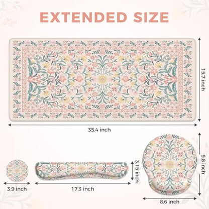iCasso Desk Pad Mat, Large Mouse Pad and Keyboard Wrist Rest Set, Desk Protector Mat,4in1 Ergonomic Carpal Tunnel Keyboard Pad with Wrist Support for Desktop Cover Home Office Computer(Pink Flowers) - color: Pink Vine Flowers