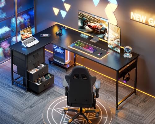 AODK 61" L Shaped Gaming Desk with 4 Drawers and Power Outlets, Black - color: Black, size: 61 Inch
